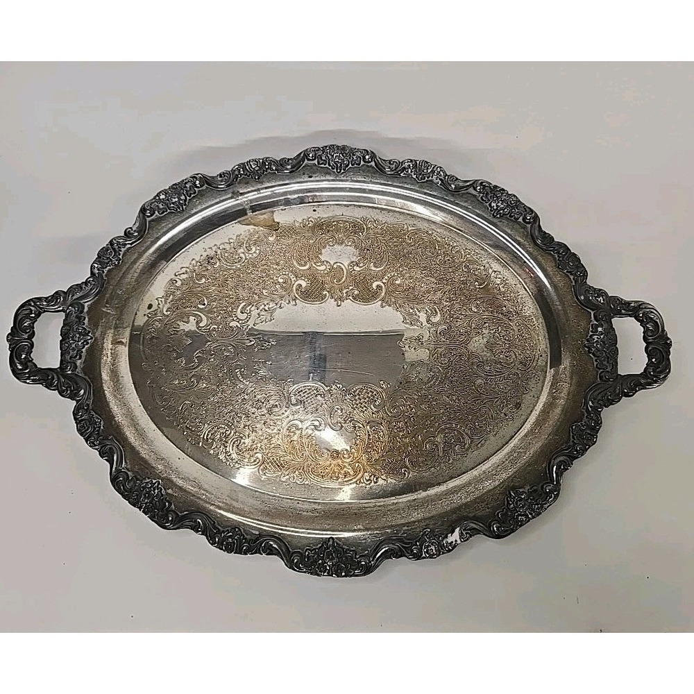 Vtg Poole‎ Silverplate Old English #5000 Oval Footed Handled Serving Tray Large